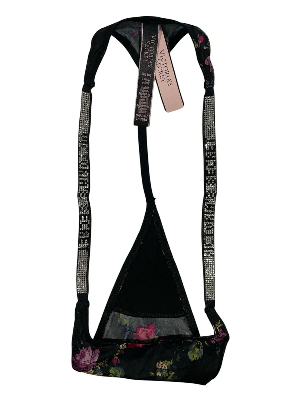 Victoria's Secret Very Sexy Black Floral Rhinestone-Trim V-String Thong | S NWT